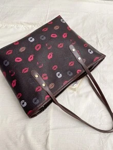 大容量通勤手提包，时尚印花单肩/腋下包，休闲个性ins风女式手提包 - 咖啡棕 - 查看 10