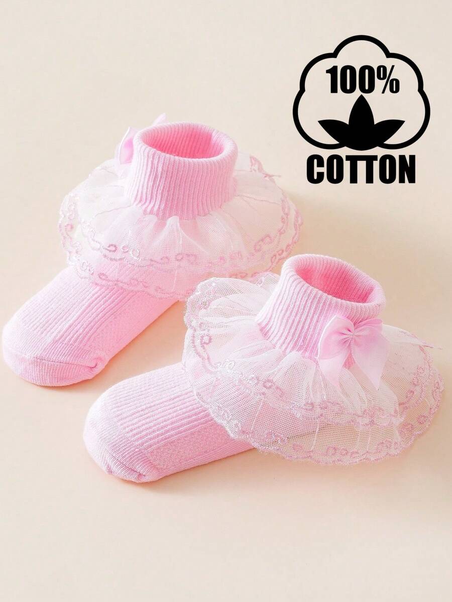 1 Pair Cotton Thin Lace Mesh Trim Girls' Dance Socks, Spring/Summer - Pink - View 1