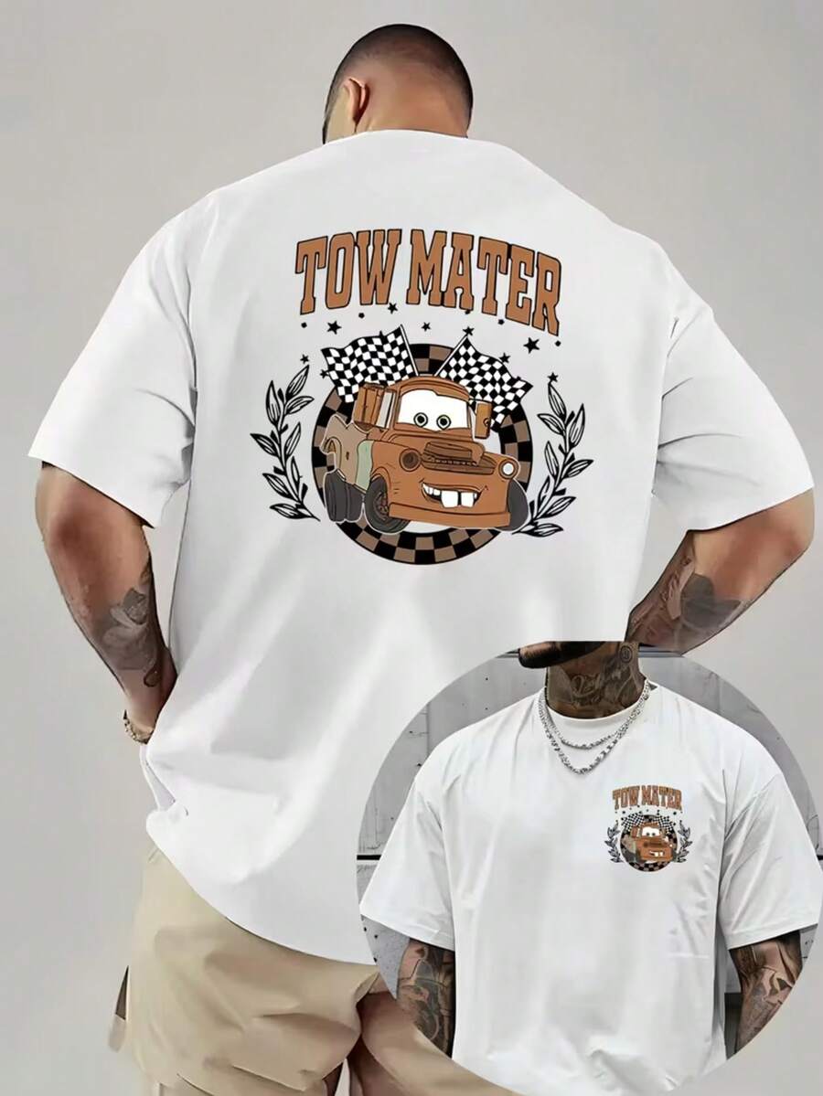 1 Piece, New Disney Men's T-Shirt, < < Racing Story > > Trailer Sailor Cartoon Front And Back Printing, Round Neck Casual And Comfortable T-Shirt, Suitable For Sports And Daily Wear, Women's Loose T-Shirt, A Good Choice For Gifts, Essential For Easter Parties. - trắng - Xem 1