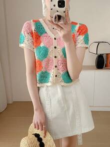 Wixra Macaron Heart Crochet Cardigan, Sweet Hollow Out Short Knit Top - Pink Green - View 1