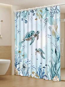 Set Tirai Mandi Motif Penyu Laut 1/4 buah, Dekorasi Kamar Mandi Gaya Pantai Laut Biru & Hijau, Tirai Mandi Poliester Tahan Air Ukuran 70,8*70,8 Inci dengan 12 Pengait - A - View 13