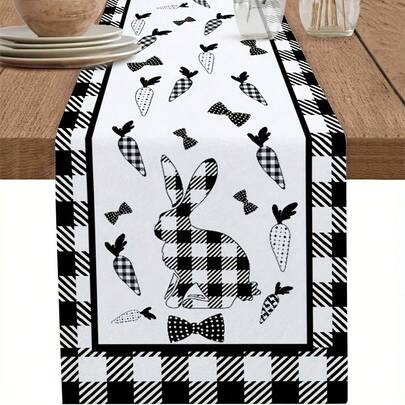 1 pieza Camino de mesa de Pascua, estampado moderno de cuadros blancos y negros con conejo y zanahoria, decoración del hogar de primavera, accesorio de comedor para fiestas, decoración de mesa de estilo granja, apto para cocina, mesa de comedor, mesa de café, gabinete, fiesta, decoración festiva