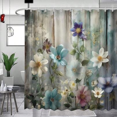 1pc Retro Colorful Flower Shower Curtain, Simple And Fashionable Plant Printed Shower Curtain, Very Suitable For Bathroom Decoration, Universal Room Decoration, Home Decoration, Bathroom Accessories Bath Curtain, Shower Curtain