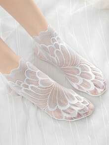 1/5/10双蕾丝隐形羽毛款超薄透气精致扇贝边短袜 - 彩色 - 查看 6