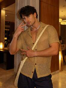 Áo khoác cardigan nam mỏng nhẹ, cổ polo, cài nút, thích hợp cho mùa hè, đi biển và mặc hàng ngày. - gừng - Xem 5