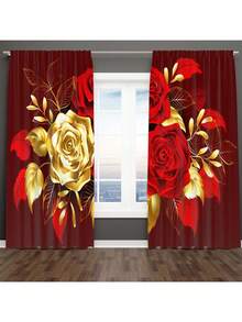 2D Flat - 2pcs Valentine'S Day 3-Rose Bouquet Curtain Set | Red & Golden-Yellow Roses With Foliage Pattern, Luxurious Art Deco Design, Polyester Velvet, Semi-Sheer, Machine Washable For Bedroom And Living Room Decor - Nhiều màu - Xem 6