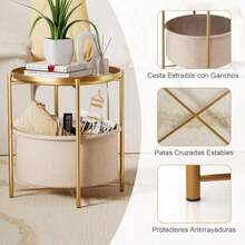 Mesa Auxiliar Redonda con Cesta de Tela Mesita Auxiliar Metálica Mesitas auxiliares Redonda Plegable con Bandeja extraíble Ideal para Dormitorios y Salas de Estar 47 * 47 * 50CM-B006 - como en la foto - Ver 7
