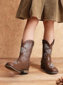 Girls Cowboy Boots Floral Embroidered Classic Western Cowgirl Boots Square Toe Mid Calf Side Zipper Horsing Party Toddler/Little/Big Kids - 棕色 - 查看 2