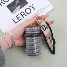 New Fashion Mini Cylindrical Faux Leather Rhinestone Lipstick Case, Comes With Scarf Keychain And Zipper Coin Purse, Suitable For Women - Multicolor - View 4