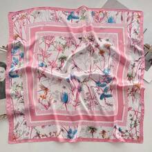 1PC Ladies Boho Florals Butterflies Print Square Scarf Elegant Neckerchief Bandana Women Satin Head Scarf Hair Accessories - 彩色 - 查看 4