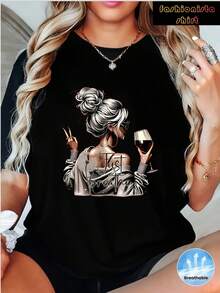 Negra moderna camiseta gráfica mujer estampado moda casual cómoda transpirable diseño juvenil regalo exclusivo verano y otoño elegante looks fiesta y diario tallas disponibles S M L XL camiseta popular búsqueda alta - Negro - Ver 1