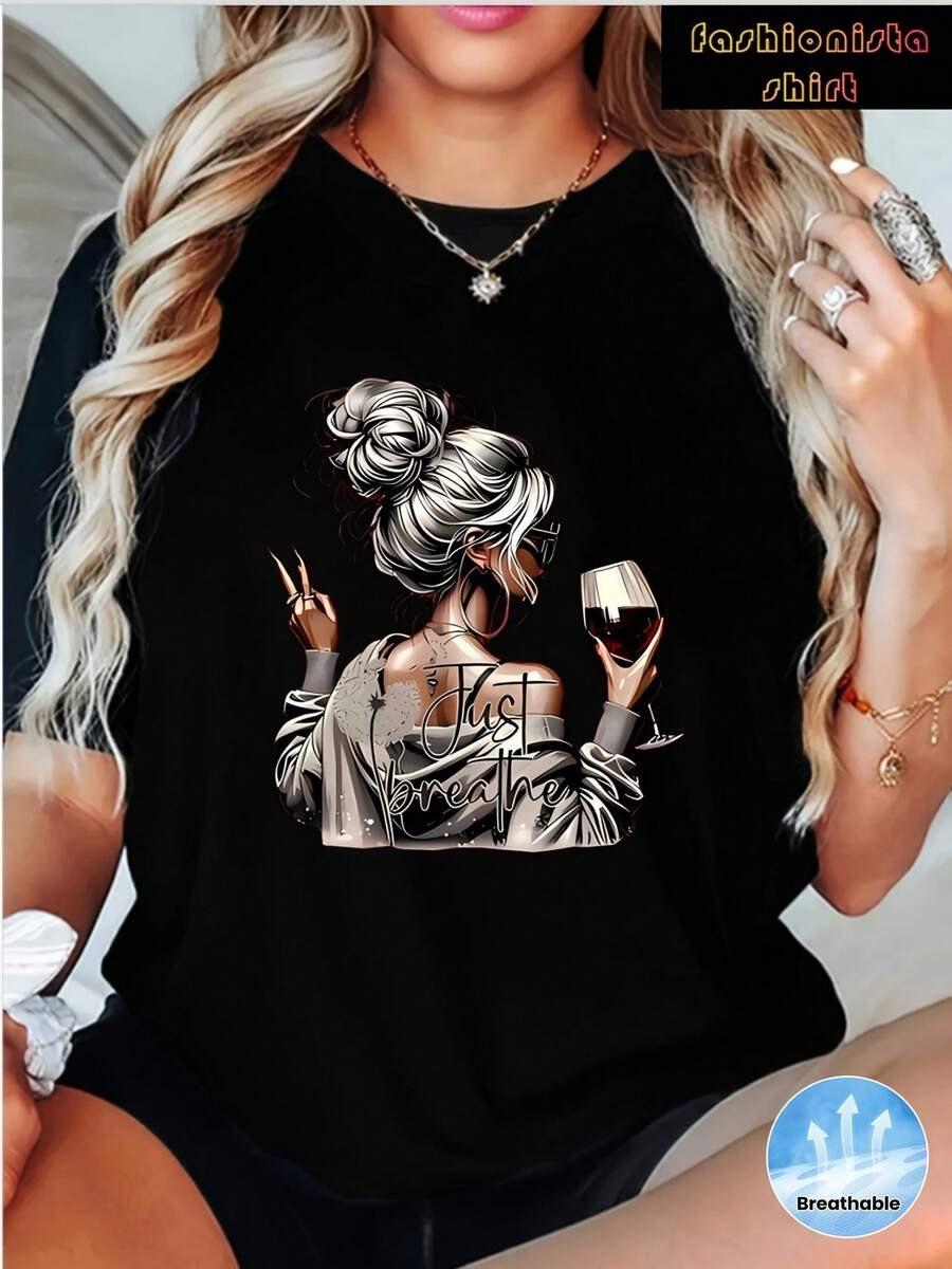 Negra moderna camiseta gráfica mujer estampado moda casual cómoda transpirable diseño juvenil regalo exclusivo verano y otoño elegante looks fiesta y diario tallas disponibles S M L XL camiseta popular búsqueda alta - Negro - Ver 1