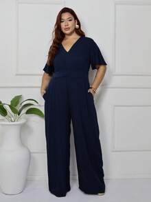 Women's Plus Size Plain Long Jumpsuit, Wide Leg, Short Sleeve, V-Neck, Ruched Front, Comfortable - 藏蓝色 - 查看 1