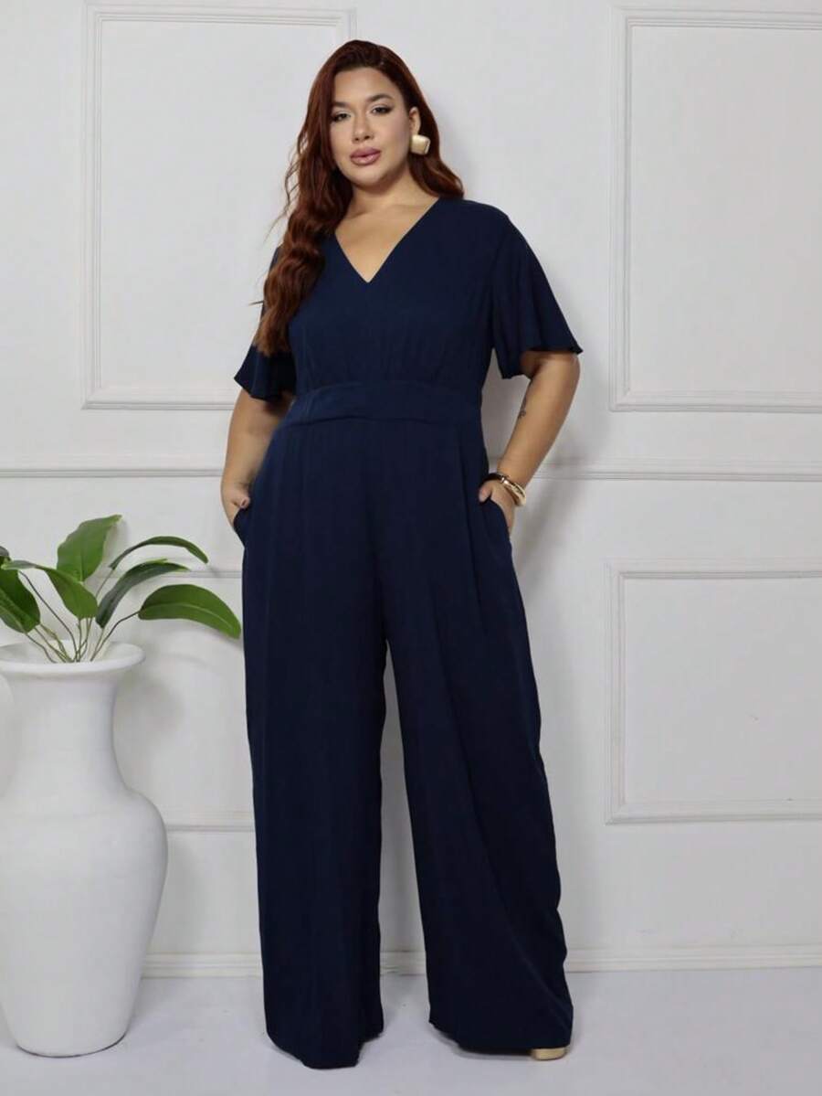 Women's Plus Size Plain Long Jumpsuit, Wide Leg, Short Sleeve, V-Neck, Ruched Front, Comfortable - 藏蓝色 - 查看 1