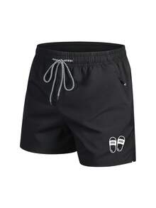 Pantalones cortos de playa de verano de secado rápido para hombres, bermudas con cordón de unicolor estampado, adecuados para la playa, vacaciones, actividades al aire libre, correr - Negro - Ver 2