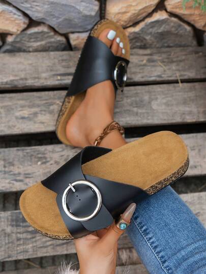 Teenage Girls' Spring/Summer Single Buckle Slip-On Contrast Color Open Toe Round Toe Flat Slippers, Versatile Casual Indoor/Outdoor Commute Vacation Fashion Slides