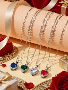 1/4 chiếc Dây chuyền mặt trái tim bằng đá Cubic Zirconia khảm đồng nhiều màu, Thích hợp cho phụ nữ và làm quà tặng, Ngày lễ tình nhân, Người yêu, Bạn thân - hình trái tim - Xem 10