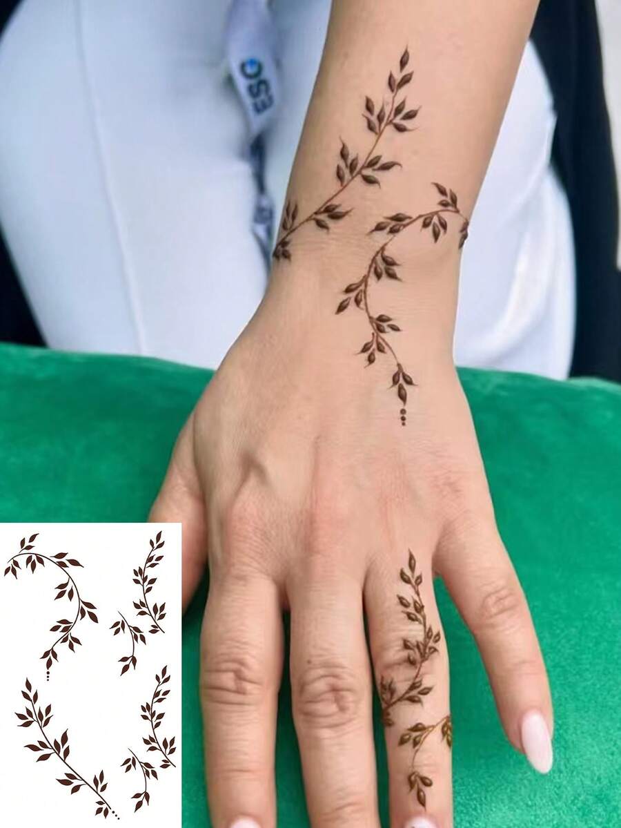 1张临时纹身贴纸,简约黑色叶子图案,防水,适合时尚爱好者,可贴于手部/身体。 - 黑色 - 查看 1