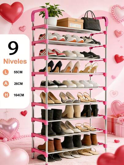 Caja de Almacenamiento Multifuncional para Zapatos de Acero Inoxidable de 4/5/6/7 Capas en Negro y Rosa - Estante de Zapatos con Manijas - Solución de Almacenamiento en el Hogar, Ahorro de Espacio, Rack Decorativo Ajustable para Dormitorio, Cocina, Baño, Alquiler, Entrada, Porche, Armario y Pasillo