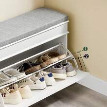 SoBuy 帶座墊的換鞋凳，儲物空間，帶蓋鞋櫃，鞋架，狹窄，節省空間的長凳，帶儲物空間，適用於走廊、客廳，白色復古木紋效果 75x51x24cm FSR82-L-WG - 75x51x24 cm 白色 - 查看 5