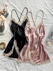 1pc Random  Lace Patchwork Women's Nightdress And Comfortable Pajama Set Women - Đen và Hồng - Xem 2