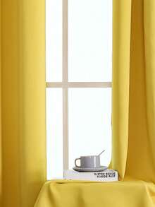 1pc Solid Color Polyester Curtain Panel, Blackout Curtain For Living Room, Bedroom, Darkens Room, Yellow - Yellow - View 8