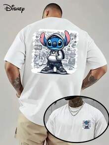 1 Disney Shi Diqi Men's T-Shirt-With Shi Diqi Pattern On The Front And Back, Breathable Lightweight Fabric, Regular Cut Round Neck T-Shirt, Suitable For Birthday Parties, Star Baby Fans-Official Disney Movie Merchandise Gifts, Summer Clothes, Playful Design, Comfortable To Wear. - White - View 1
