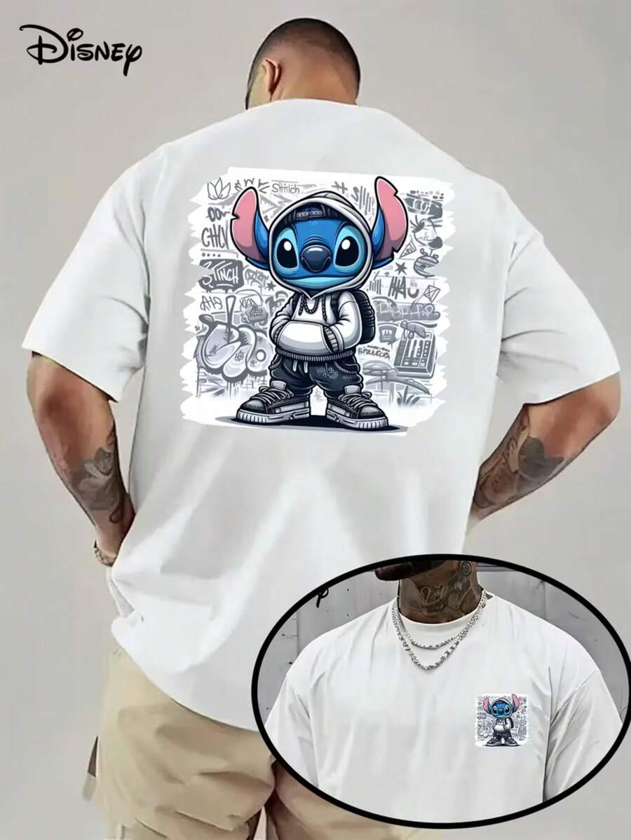 1 Disney Shi Diqi Men's T-Shirt-With Shi Diqi Pattern On The Front And Back, Breathable Lightweight Fabric, Regular Cut Round Neck T-Shirt, Suitable For Birthday Parties, Star Baby Fans-Official Disney Movie Merchandise Gifts, Summer Clothes, Playful Design, Comfortable To Wear. - White - View 1