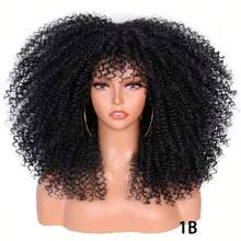16" Natural Black Color Afro Kinky Curly Wig For Women | Full Fluffy Bomb Style | Soft Synthetic | Daily/Party/Cosplay/Costume - màu đen - Xem 6