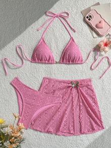 Sultry Sol Bộ bikini 3 món thanh lịch, giản dị, gợi cảm phong cách Bohemian với chất liệu lưới phối hợp, viền satin, trang trí hình bướm kim loại, kiểu áo yếm, thích hợp cho đi biển, hẹn hò, kỳ nghỉ hè. - Màu Hồng Tươi - Xem 3