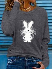 Easter Bunny Pattern Printed T-Shirt, Casual Round Neck Base Shirt, Spring Summer Vacation Long Sleeve T-Shirt, Stretch Polyester Blend, Women's Sportswear, New Women's Clothing, Machine Washable - Unisex Casual Vintage Style Cotton Blend Long-Sleeved Top - 灰色 - 查看 7