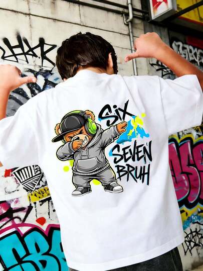 Tween Boy Cartoon Teddy Bear "SIX SEVEN BRUH" Graphic T-Shirt, Suitable For Street, Casual, School, Event Wear, Fashionable Summer Top For Boys