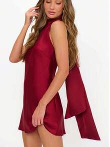 Women Halter Neck Large Bow Back Satin Bodycon Mini Dress Slim Fitted Mock Neck Solid Color Sleeveless Backless A-Line Short Dresses Evening Party Dress Clubwear Night Out CLothes Beachwear Dress - 酒紅色 - 查看 5