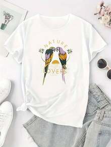 Creative Nature Lover Parrot Pattern Printed Women'S Fashionable Round Neck Short Sleeve, Simple Casual Sports T-Shirt, Comfortable Summer Top for Holidays. - Blanc - Voir 2
