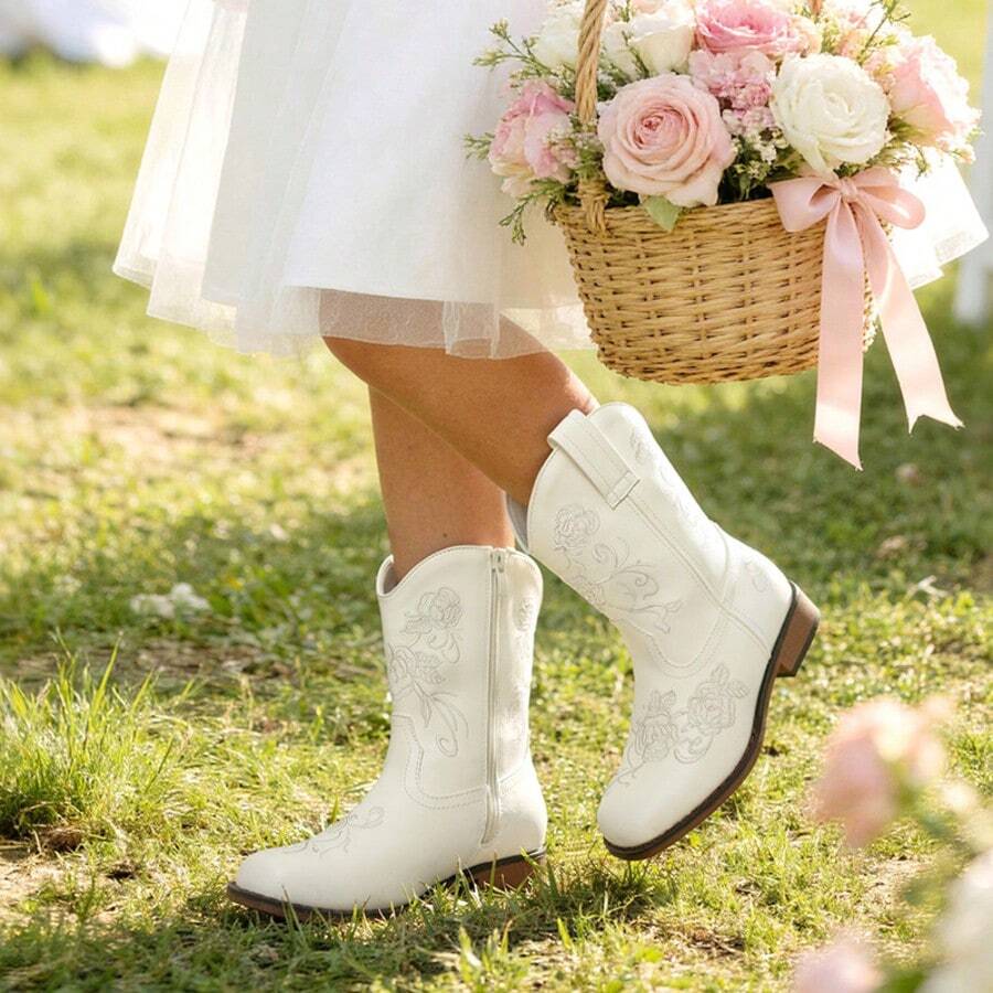 Girls Cowboy Boots Floral Embroidered Classic Western Cowgirl Boots Square Toe Mid Calf Side Zipper Horsing Party Toddler/Little/Big Kids - 白色 - 查看 1