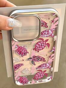 1pc Electroplated Transparent Shell Pink Turtle Minimalist TPU Shockproof Phone Case Compatible With Apple 17, 16, 15, 14, 13, 12, 11 Pro Max, Air - Multicolor - View 1