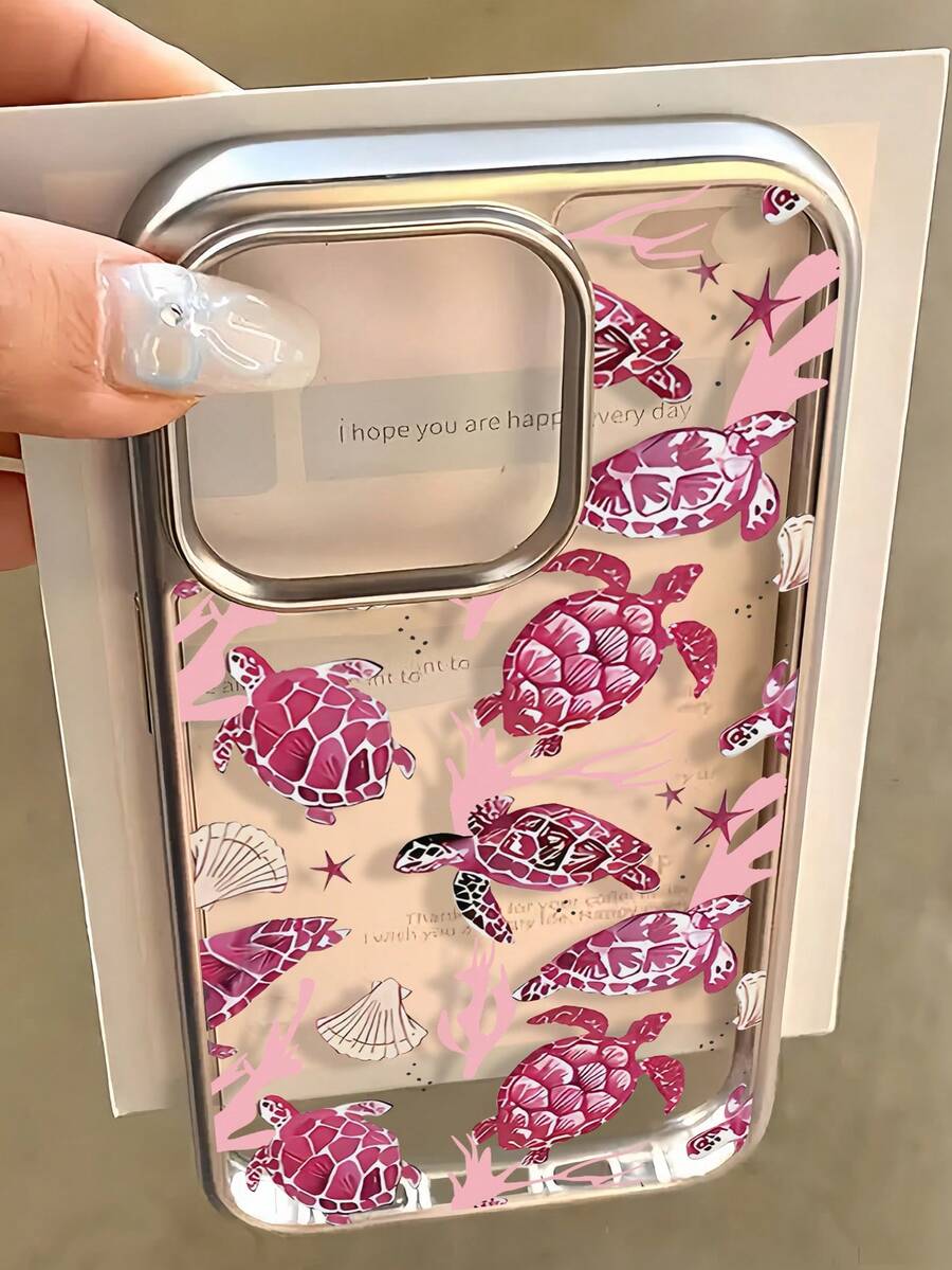 1pc Electroplated Transparent Shell Pink Turtle Minimalist TPU Shockproof Phone Case Compatible With Apple 17, 16, 15, 14, 13, 12, 11 Pro Max, Air - Multicolor - View 1