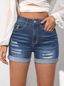 Quần short denim nữ cơ bản ôm sát, đơn giản, nâng hông, kiểu dáng mùa hè mới, mang phong cách Âu Mỹ thời thượng, phù hợp với phong cách thanh lịch, đi biển, phong cách bohemian. Thường ngày. - Màu xanh lam - Xem 4