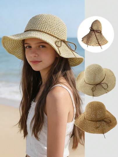 1顶宽檐草帽，适合女孩和青少年，夏季防晒沙滩帽，可折叠轻便，蝴蝶结装饰，适合度假、旅行、露营