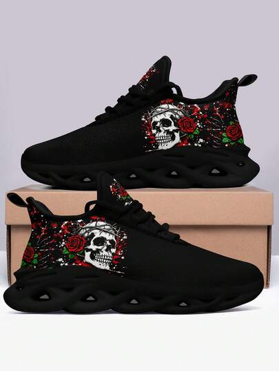 Skull And Rose Women's Sneakers, Lightweight Breathable Comfortable Low Top Lace Up Shoes, PLUS SIZE Unisex Fashion Outdoor Shoes
