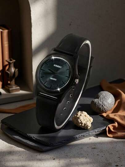 1pc New Simple Black Business Quartz Watch For Men, TPU Strap, Ideal Gift