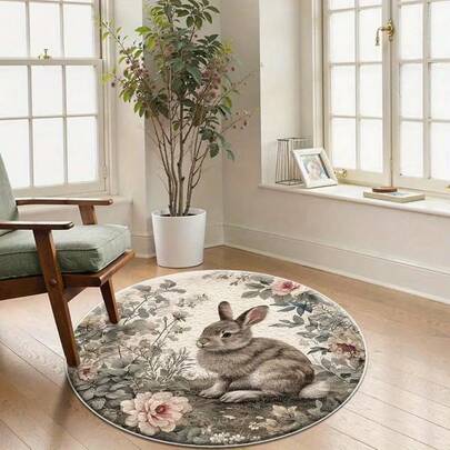 1pc Round Easter Bunny Velvet Carpet, Easter Decorative Rug, Soft Comfortable Non-Slip Absorbent, Machine Washable, Suitable For Bedroom Living Room Indoor Decor, Ideal Easter Gift