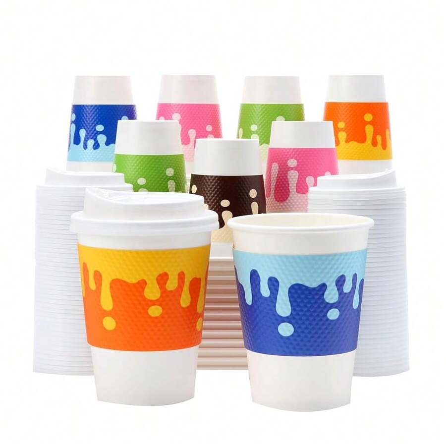 Tamone 100 PACK 12OZ Disposable Coffee Cups With Lids And Sleeves, 12OZ Paper Cups 5 Color To Go Coffee Cups With Lids Leak Proof, White Paper Cups For Cold/Hot Beverage Chocolate Cocoass For Home - Colorful - 查看 1