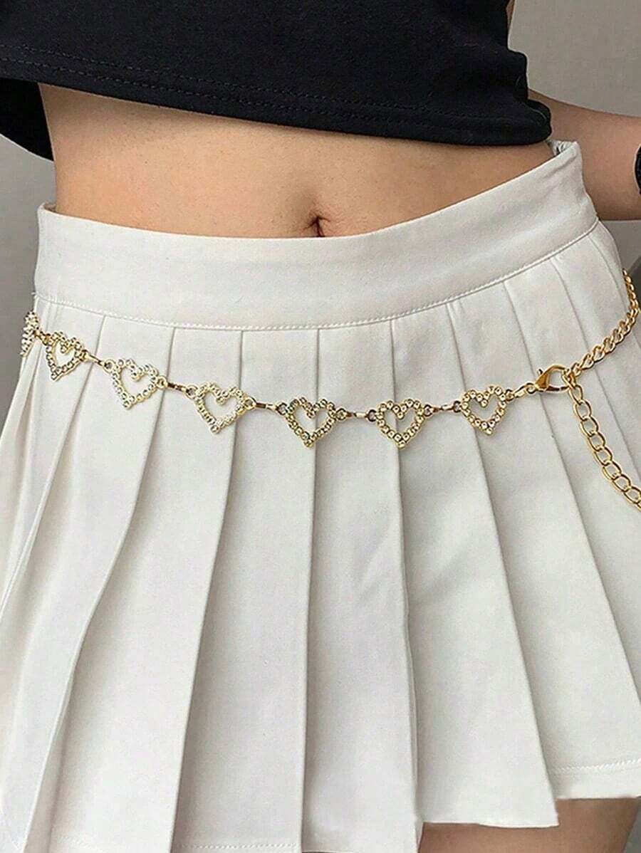 1pc Fashionable Heart-Shaped Rhinestone Waist Chain Metal Braided Belt For Women, Perfect Fit For Summer Dresses With Versatile And Personalized Style Halloween Valentine's Day Summer, School Fall, Autumn, Halloween - Bạc - Xem 1