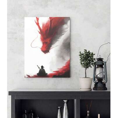 1pc Chinese Dragon & Warrior Wall Art Picture Modern Abstract Red & Black Mythical Beast Prints Canvas Paintings Eastern Culture Poster Zen-Inspired Fantasy Decor For Living Room, Bedroom, Office Decor Gift For Her Unframed Or Framed