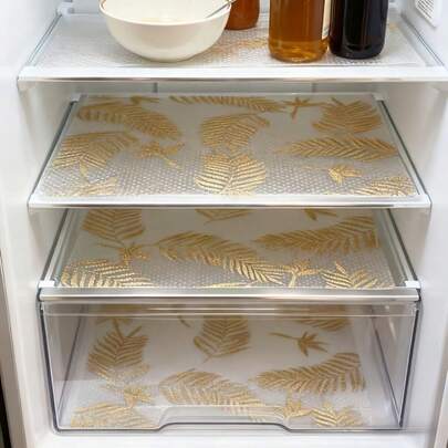 4/8/12pcs Waterproof Refrigerator Mats, Non-Slip, Washable & Reusable, EVA Material, Gold Coffee Leaf Pattern, Suitable For Refrigerator, Kitchen, Drawers, Shoe Cabinet, Cabinets, Commercial Kitchen, Apartment Essential