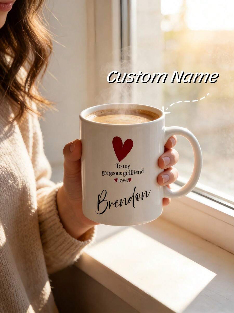 1个可定制情人节文字的马克杯，适合日常使用和作为浪漫礼物 - 白色 - 查看 1