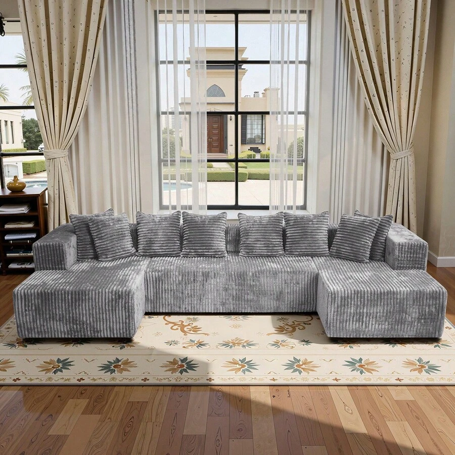 132-Inch U-Shaped Modern Sofa Bed,Boneless Couch For Living Room,Living Room Furniture Set,Recliner,Sofa Mit Schlaffunktion,Canape Convertible,Canapé Salon Modulable Compressé,Sofa Cama Para Dormir,No Assembly Required - 淺灰色 - 查看 1