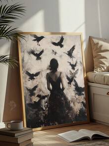 1pc Gothic Dark Woman Silhouette With Witchy Ravens Print, Moody Forest Decor, Festival Gift,Suitable For Bedroom,Living Room,Apartment,Wall Arts,Wall Decor,Home Decor,Room Decor, Canvas Wall Art, Posters, Wall Art With Frame, Optional Frame ﻿ ﻿ - A - View 3
