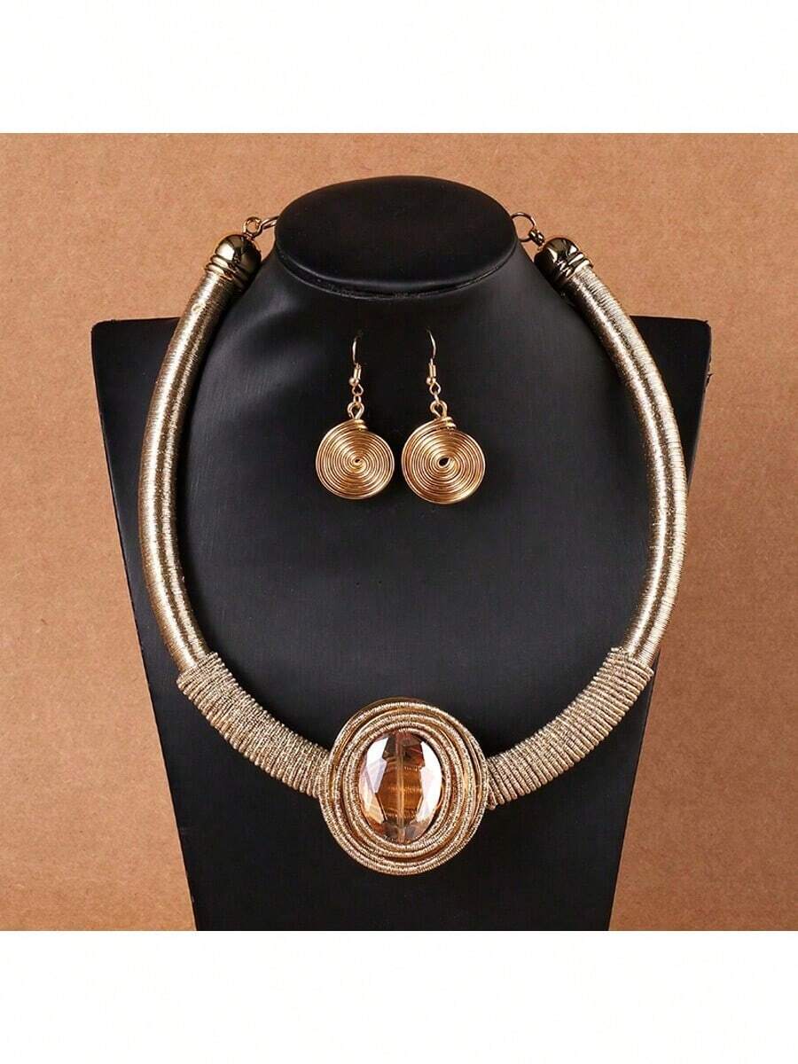 1 Set Handmade Exaggerated Multi-Layer Aluminum Wire Woven Artificial Crystal Chain Bohemian European And American Middle Eastern European Korean Version Evening Party Holiday Beautiful Lady Artificial Crystal Shaped Necklace Earrings - Yellow Gold - View 1